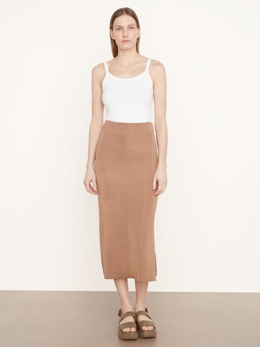 VINCE Chestnut Bronze Ribbed Knit High Waisted Bodycon Midi Skirt, Size XS